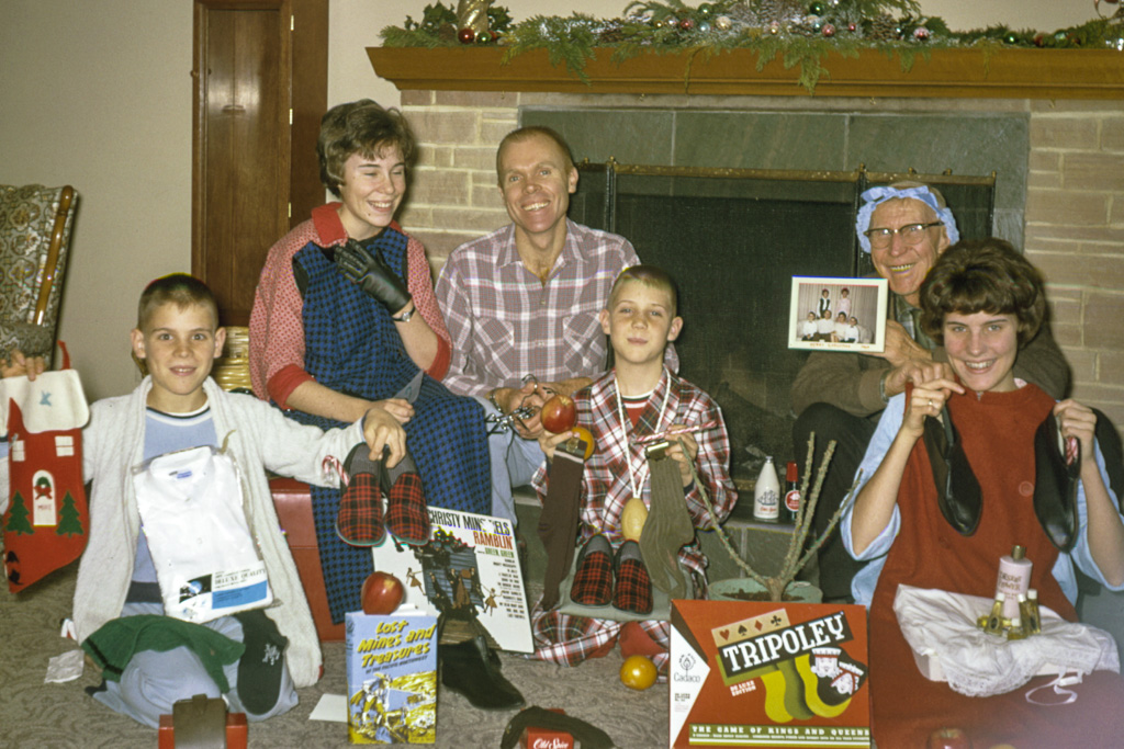 1964 — Mike, Esther, Dad, Pat, Grandpa (Forest), Mary. Merry Christmas!