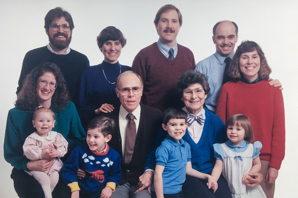 1988 — Standing: Mike G., Mary, Pat, Mike P., Esther. Sitting: Donelyn with Anna, Jesse, Dad, Joe P., Mom, Katie P.