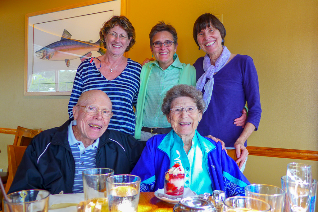 2013 —Dad, Donelyn, Clare, Mom, Mary celebrating Mom's birthday