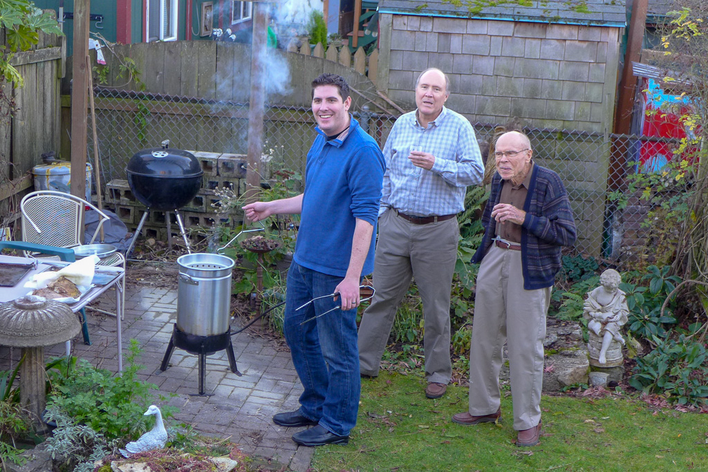 2015 — Jesse, Patrick and Dad, deep-frying the Thanksgiving turkey