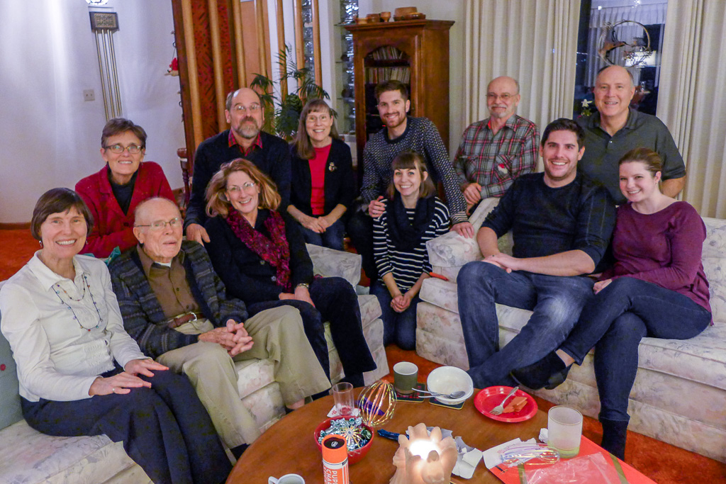 2017 — Pre-Christmas gathering with Mary, Clare, Dad, Donelyn, Mike, Esther, Kevin, Katie, Mike, Jesse, Pat and Kendall